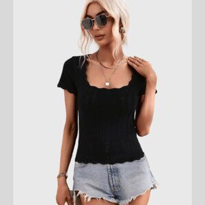 Crochet Square-Neck Sweater Tops - Color Black